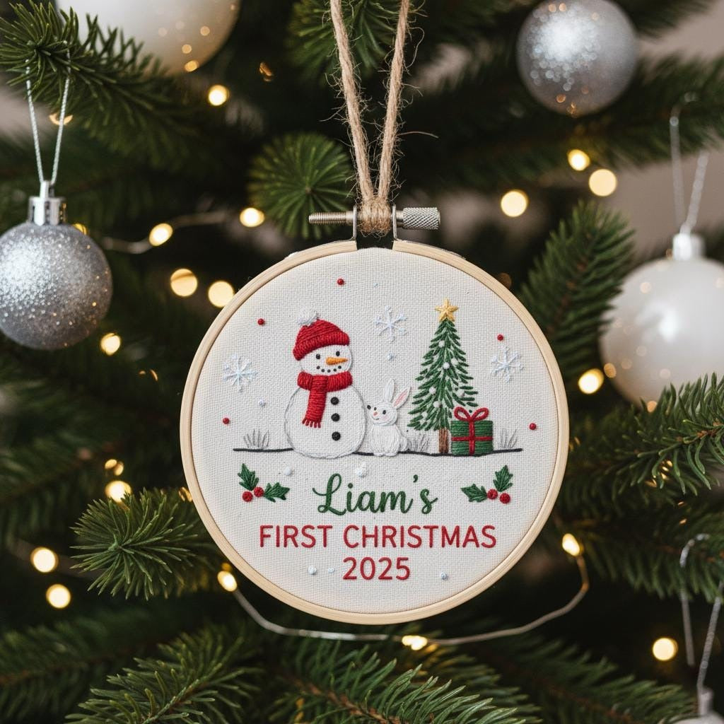 Custom Reindeer Baby's First Christmas Hand Embroidered Ornament, Personalized Unique Gift for New Baby, 2025 Christmas Gift, Holiday Decor