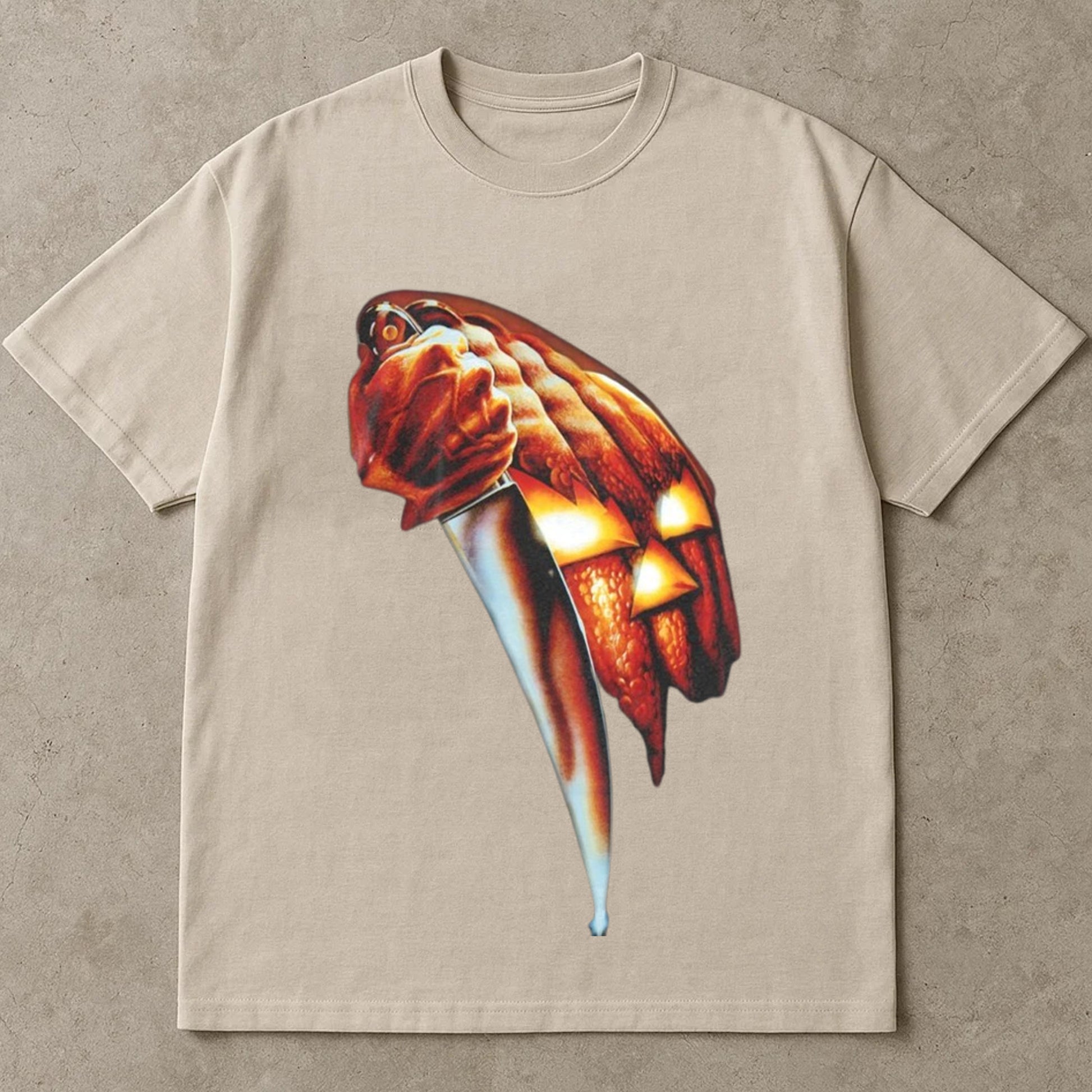 Halloween Pumpkin Knife T Shirt, Halloween Tee Shirt, Vintage Scary Jack O’ Lantern Shirt, Spooky Halloween Costume Ideas Top, Retro Horror Apparel