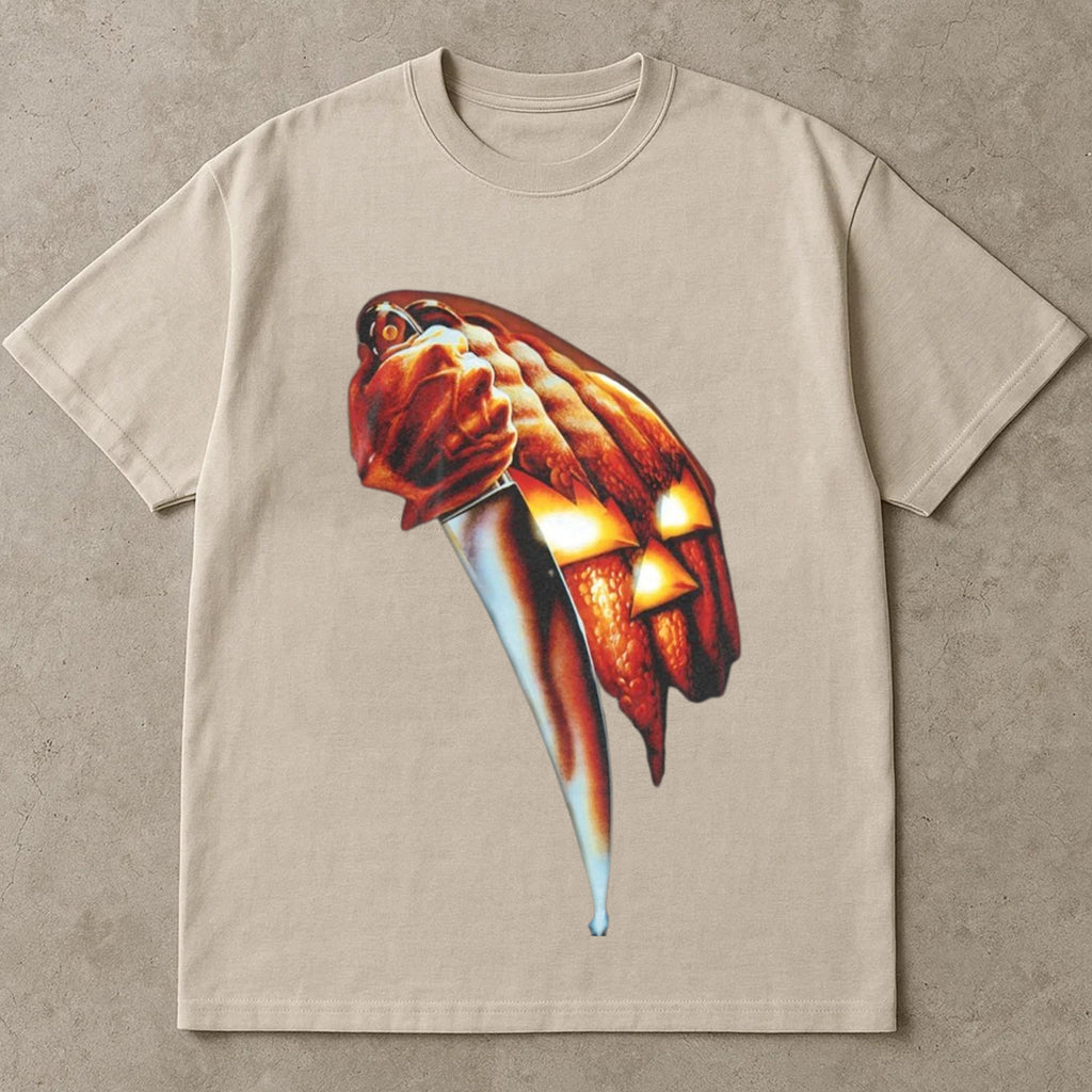 Halloween Pumpkin Knife T Shirt, Halloween Tee Shirt, Vintage Scary Jack O’ Lantern Shirt, Spooky Halloween Costume Ideas Top, Retro Horror Apparel