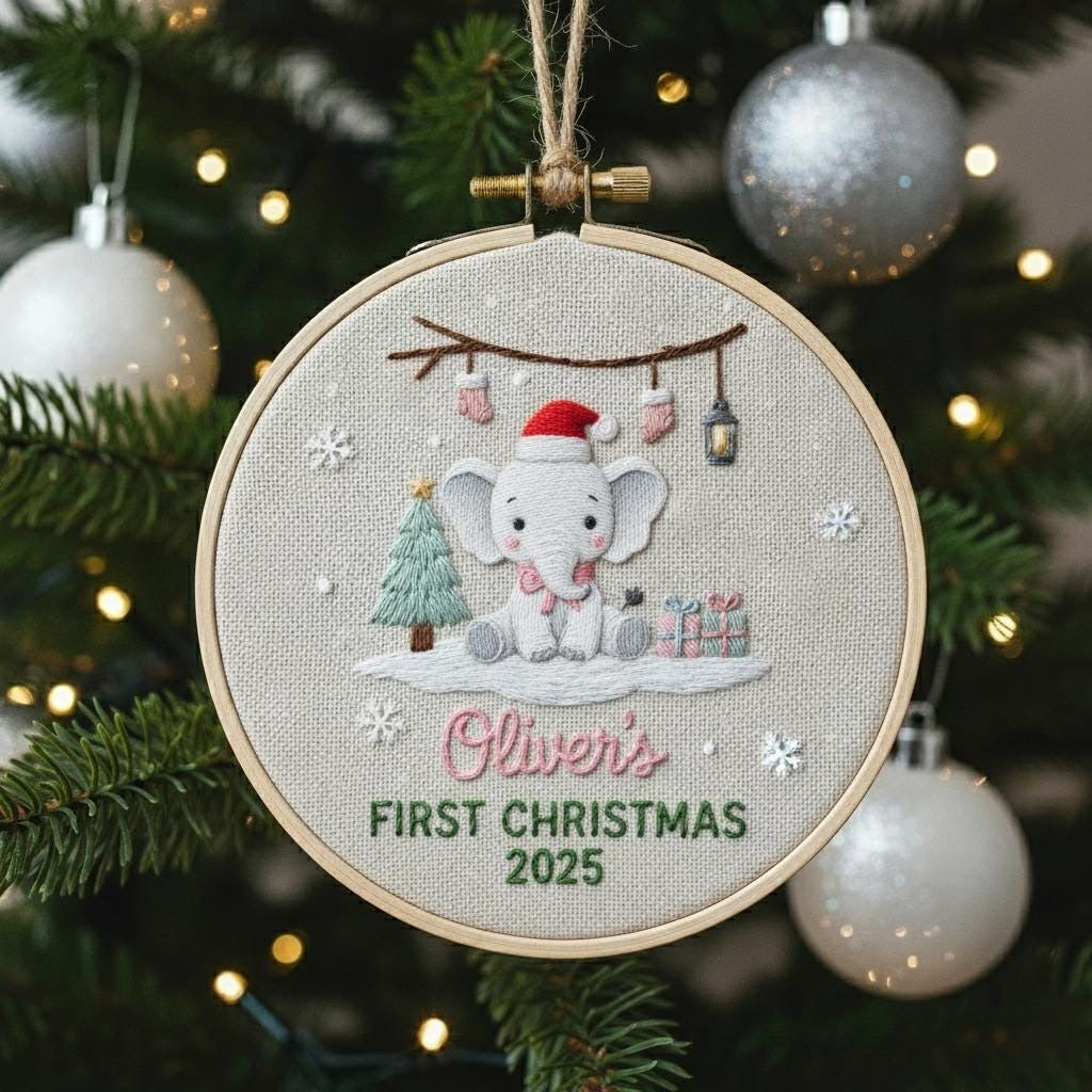 Custom Reindeer Baby's First Christmas Hand Embroidered Ornament, Personalized Unique Gift for New Baby, 2025 Christmas Gift, Holiday Decor
