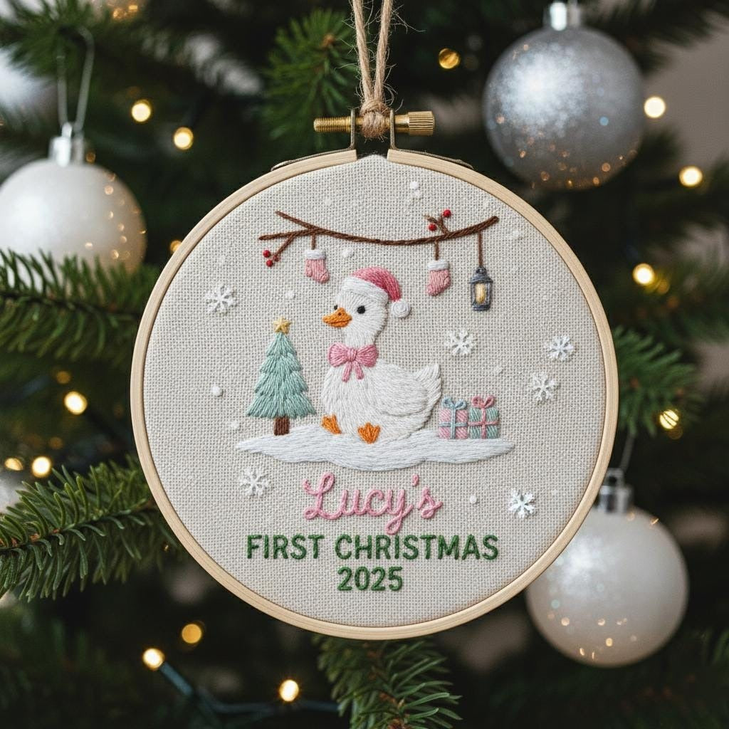 Custom Reindeer Baby's First Christmas Hand Embroidered Ornament, Personalized Unique Gift for New Baby, 2025 Christmas Gift, Holiday Decor