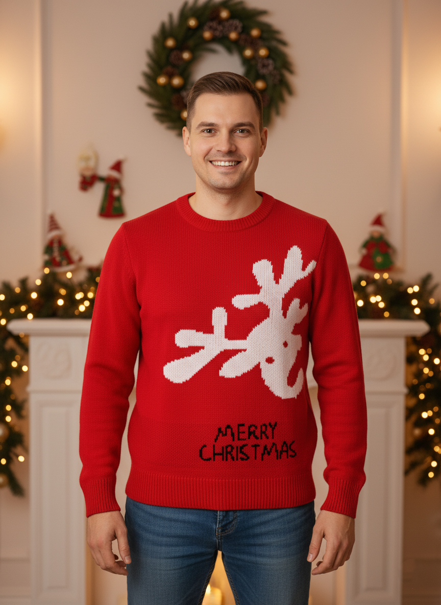 Ugly Christmas Sweater Red Reindeer Knit, Merry Christmas Pullover, Funny Holiday Party Jumper for Family