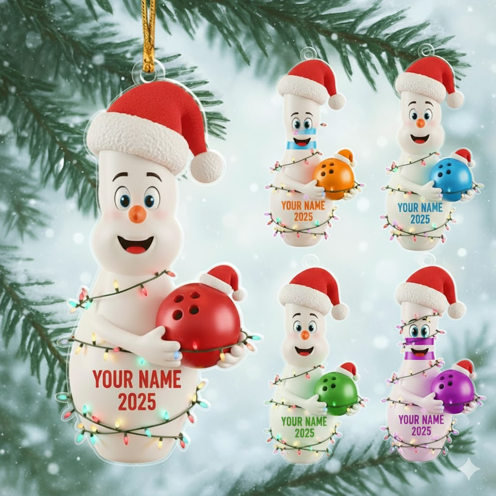 Personalized Bowling Ornament 2025, Custom Name Christmas Decoration, Funny Santa Bowling Pin Gift for Players