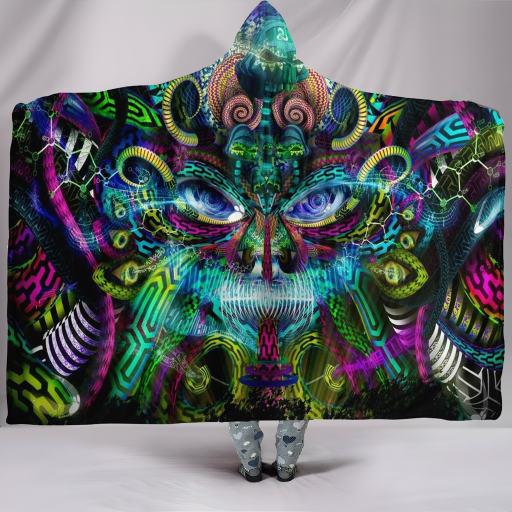 Psychedelic Mandala Hooded Blanket with Abstract Face, Vibrant Trippy Festival Throw, Visionary Art Wearable Blanket, Colorful Boho Wrap for Raves, BLKAC21