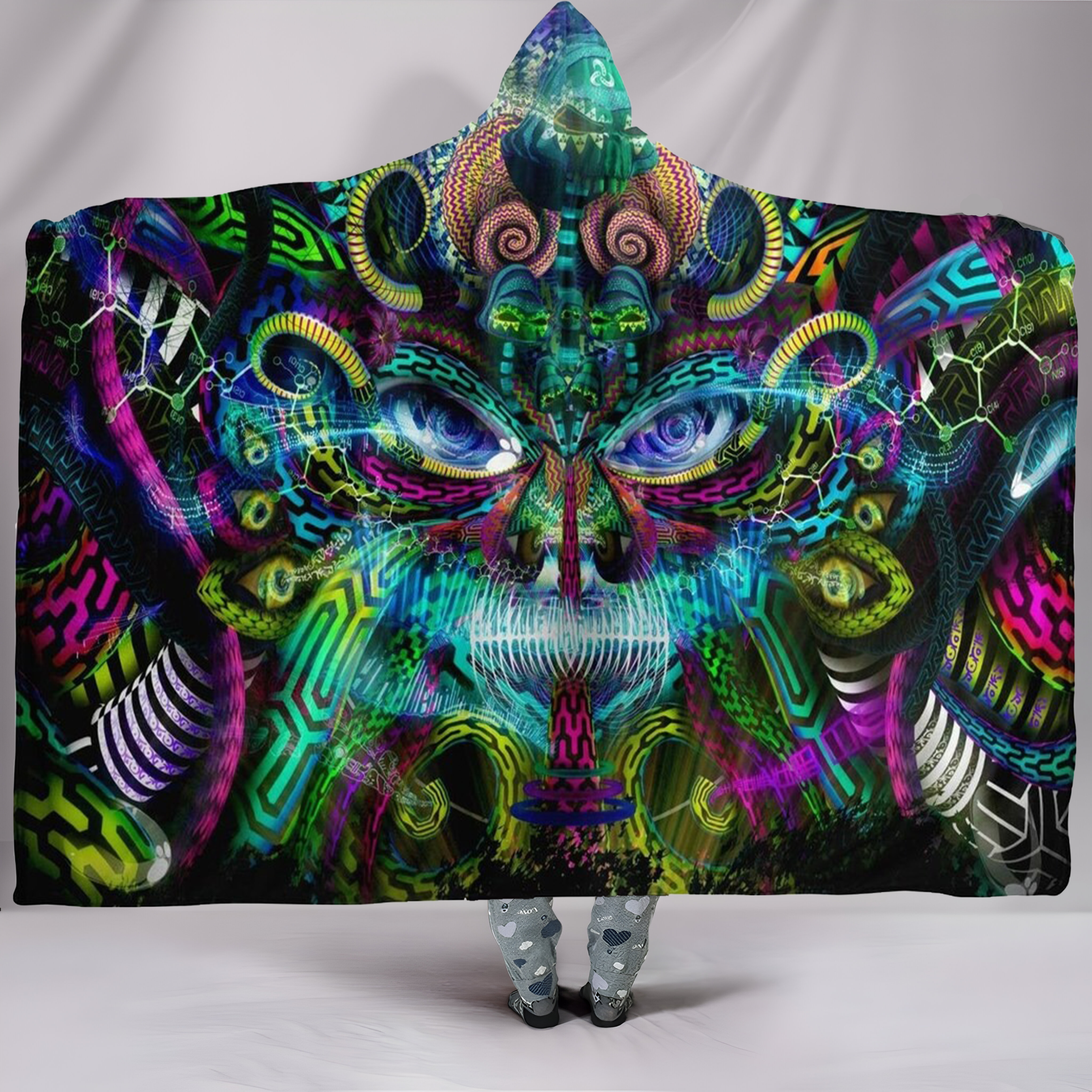 Psychedelic Mandala Hooded Blanket with Abstract Face, Vibrant Trippy Festival Throw, Visionary Art Wearable Blanket, Colorful Boho Wrap for Raves, BLKAC21