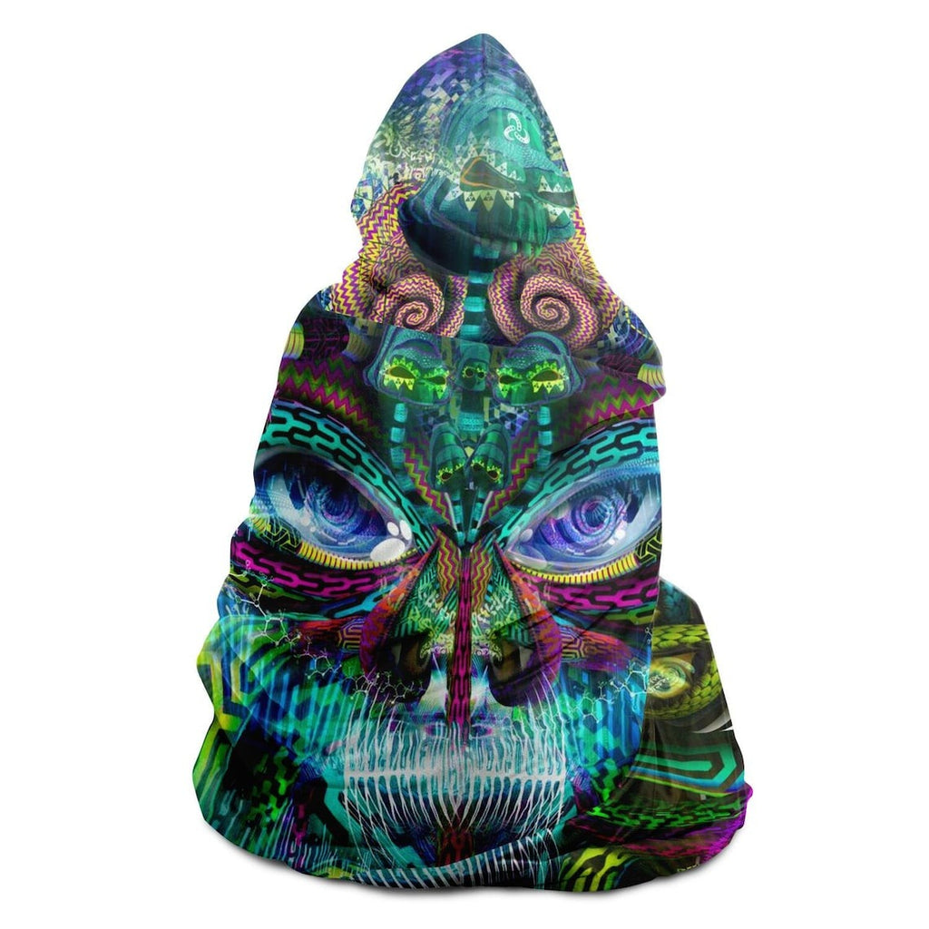 Psychedelic Mandala Hooded Blanket with Abstract Face, Vibrant Trippy Festival Throw, Visionary Art Wearable Blanket, Colorful Boho Wrap for Raves, BLKAC21