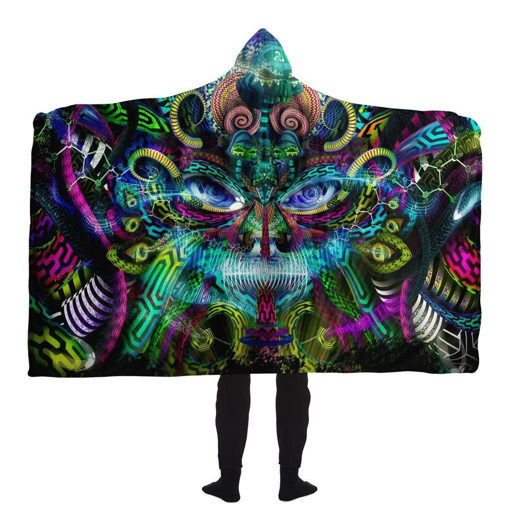 Psychedelic Mandala Hooded Blanket with Abstract Face, Vibrant Trippy Festival Throw, Visionary Art Wearable Blanket, Colorful Boho Wrap for Raves, BLKAC21
