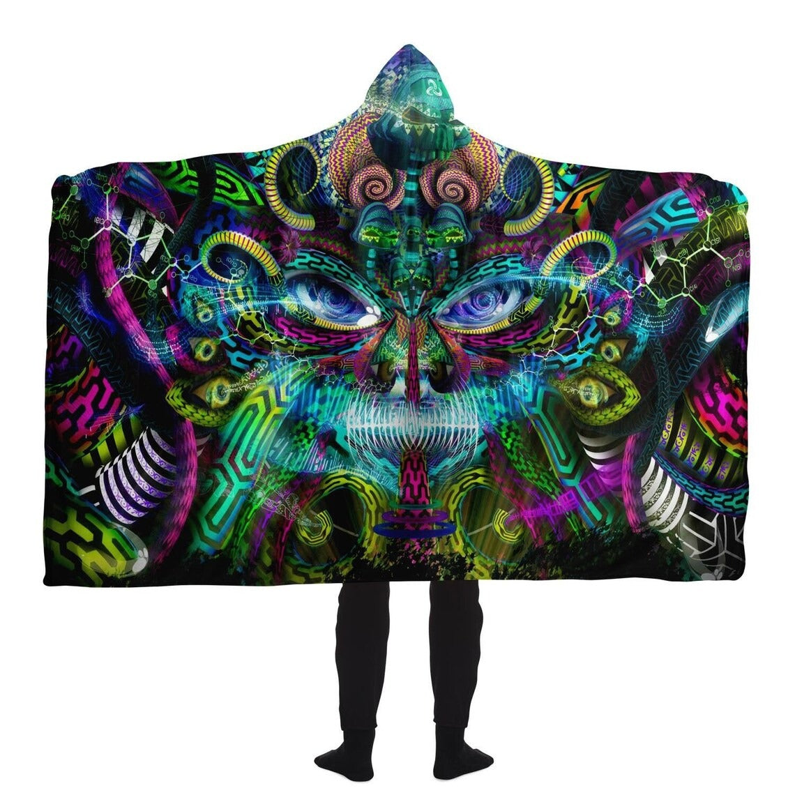 Psychedelic Mandala Hooded Blanket with Abstract Face, Vibrant Trippy Festival Throw, Visionary Art Wearable Blanket, Colorful Boho Wrap for Raves, BLKAC21