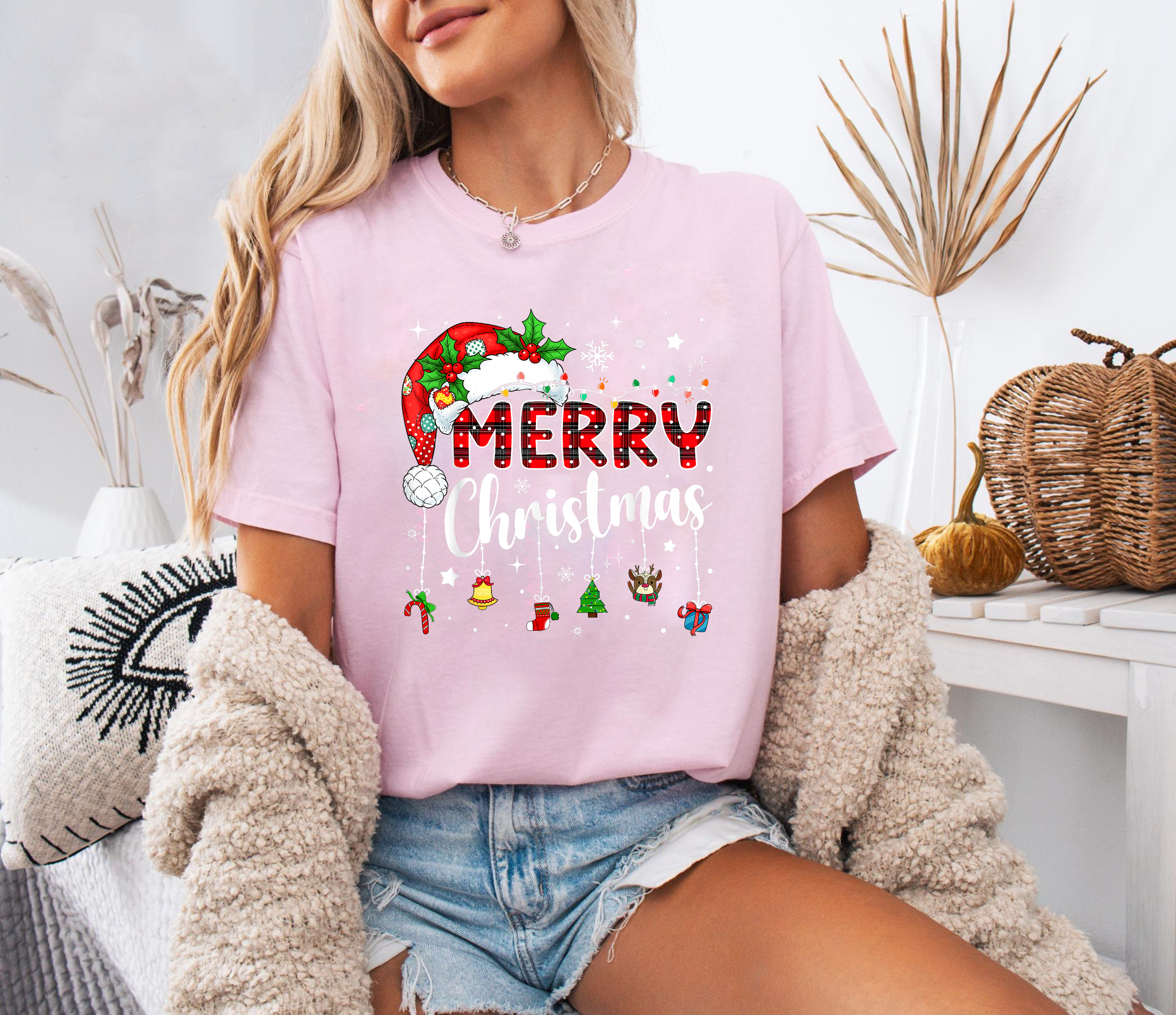 Merry Christmas Shirt, Buffalo Plaid Ornament Tee, Santa Hat Holiday Outfit, Festive Lights Top, Cozy Family Matching Xmas Gift