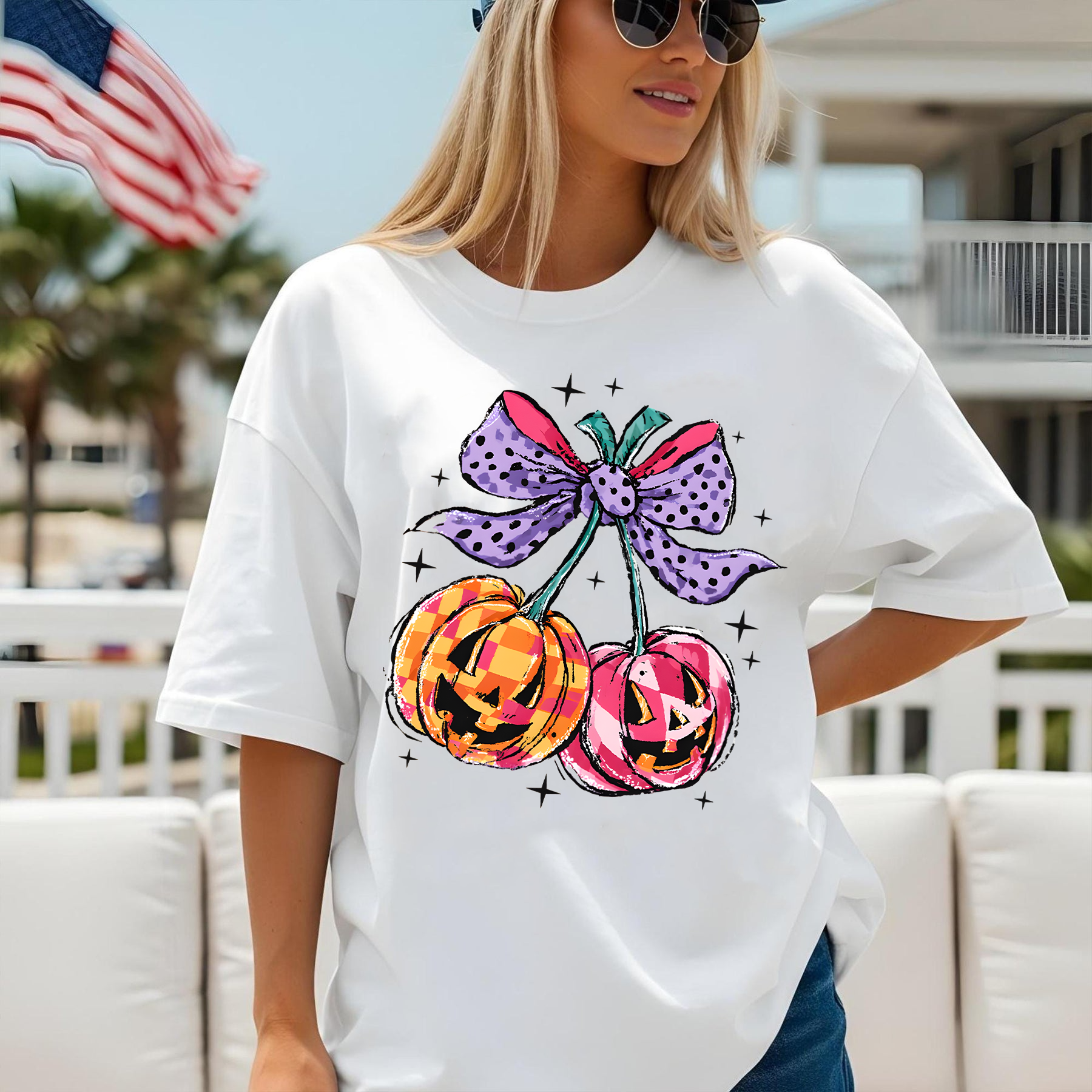 Cute Halloween Pumpkin T-Shirt, Pink & Plaid Jack-O'-Lanterns with Bow, Aesthetic Spooky Season Tee, Fall Shirt for Women, Halloween Gift