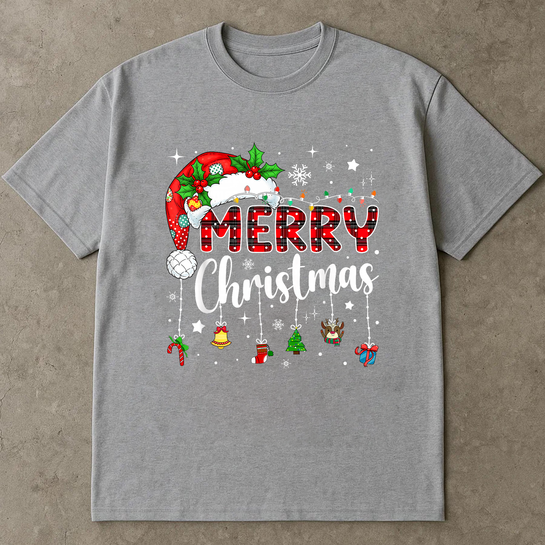 Merry Christmas Shirt, Buffalo Plaid Ornament Tee, Santa Hat Holiday Outfit, Festive Lights Top, Cozy Family Matching Xmas Gift