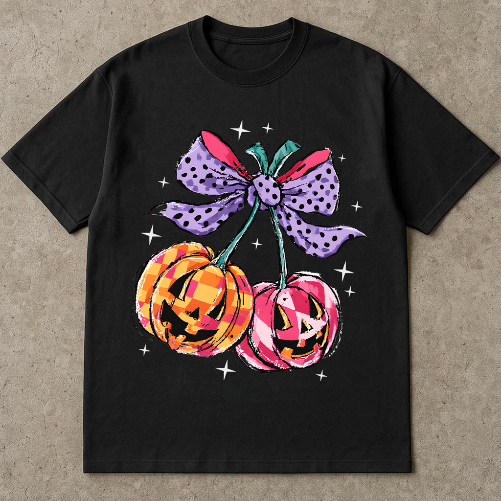 Cute Halloween Pumpkin T-Shirt, Pink & Plaid Jack-O'-Lanterns with Bow, Aesthetic Spooky Season Tee, Fall Shirt for Women, Halloween Gift