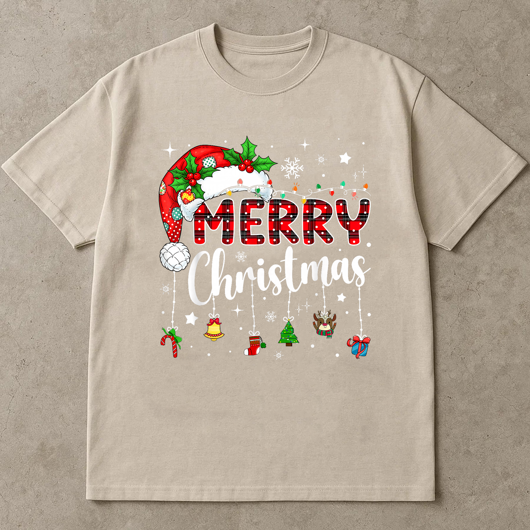 Merry Christmas Shirt, Buffalo Plaid Ornament Tee, Santa Hat Holiday Outfit, Festive Lights Top, Cozy Family Matching Xmas Gift