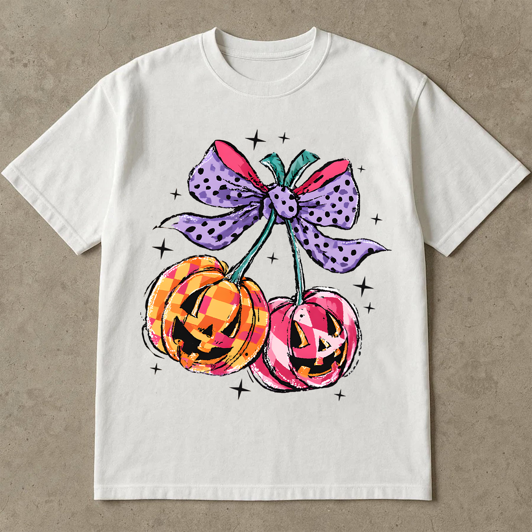 Cute Halloween Pumpkin T-Shirt, Pink & Plaid Jack-O'-Lanterns with Bow, Aesthetic Spooky Season Tee, Fall Shirt for Women, Halloween Gift