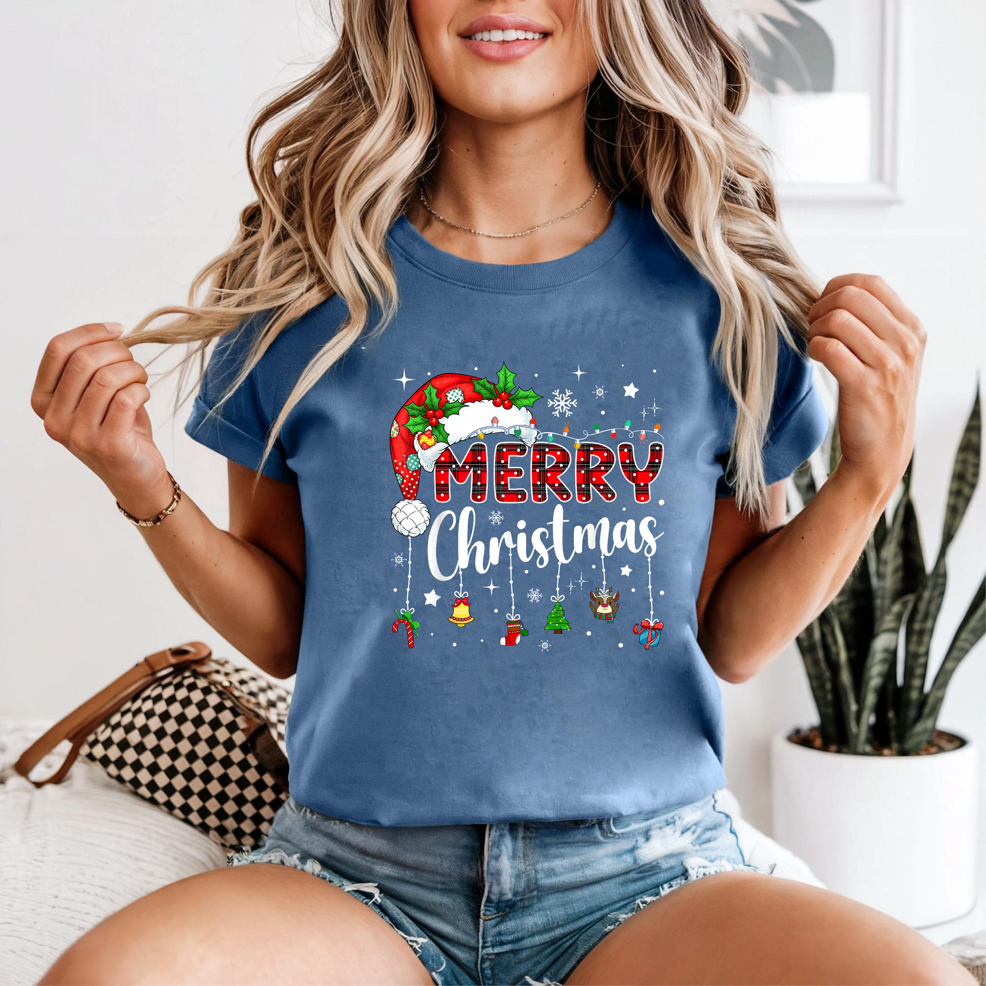 Merry Christmas Shirt, Buffalo Plaid Ornament Tee, Santa Hat Holiday Outfit, Festive Lights Top, Cozy Family Matching Xmas Gift