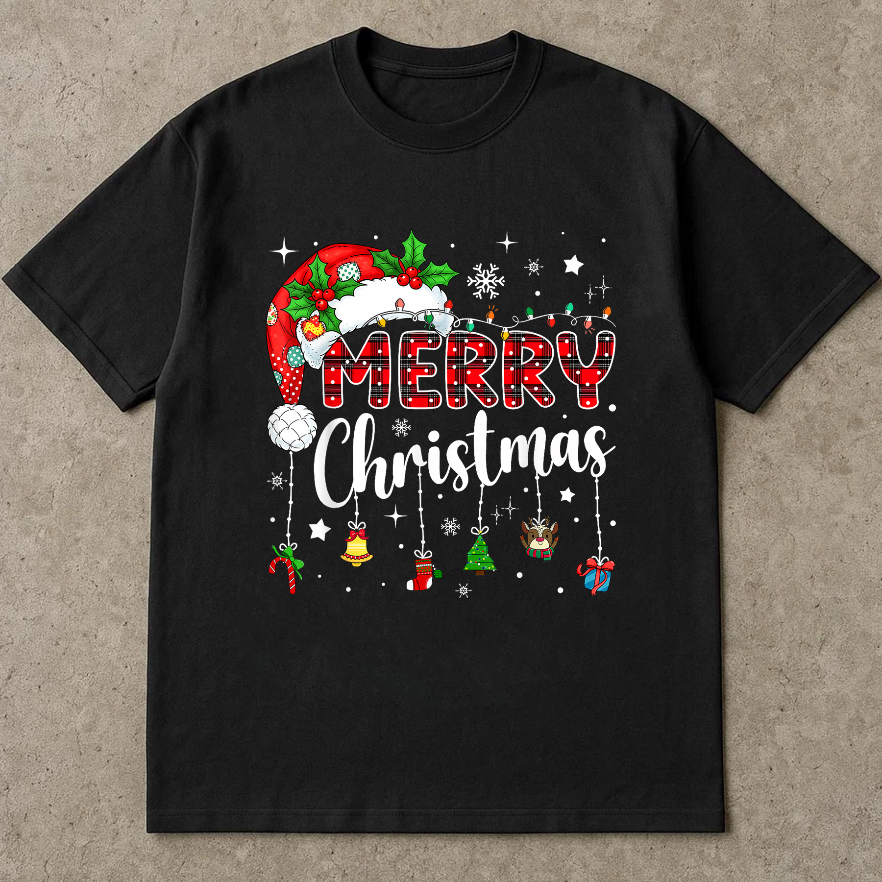 Merry Christmas Shirt, Buffalo Plaid Ornament Tee, Santa Hat Holiday Outfit, Festive Lights Top, Cozy Family Matching Xmas Gift