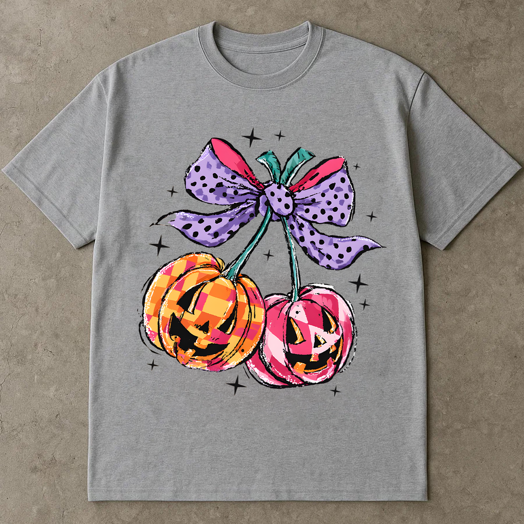 Cute Halloween Pumpkin T-Shirt, Pink & Plaid Jack-O'-Lanterns with Bow, Aesthetic Spooky Season Tee, Fall Shirt for Women, Halloween Gift
