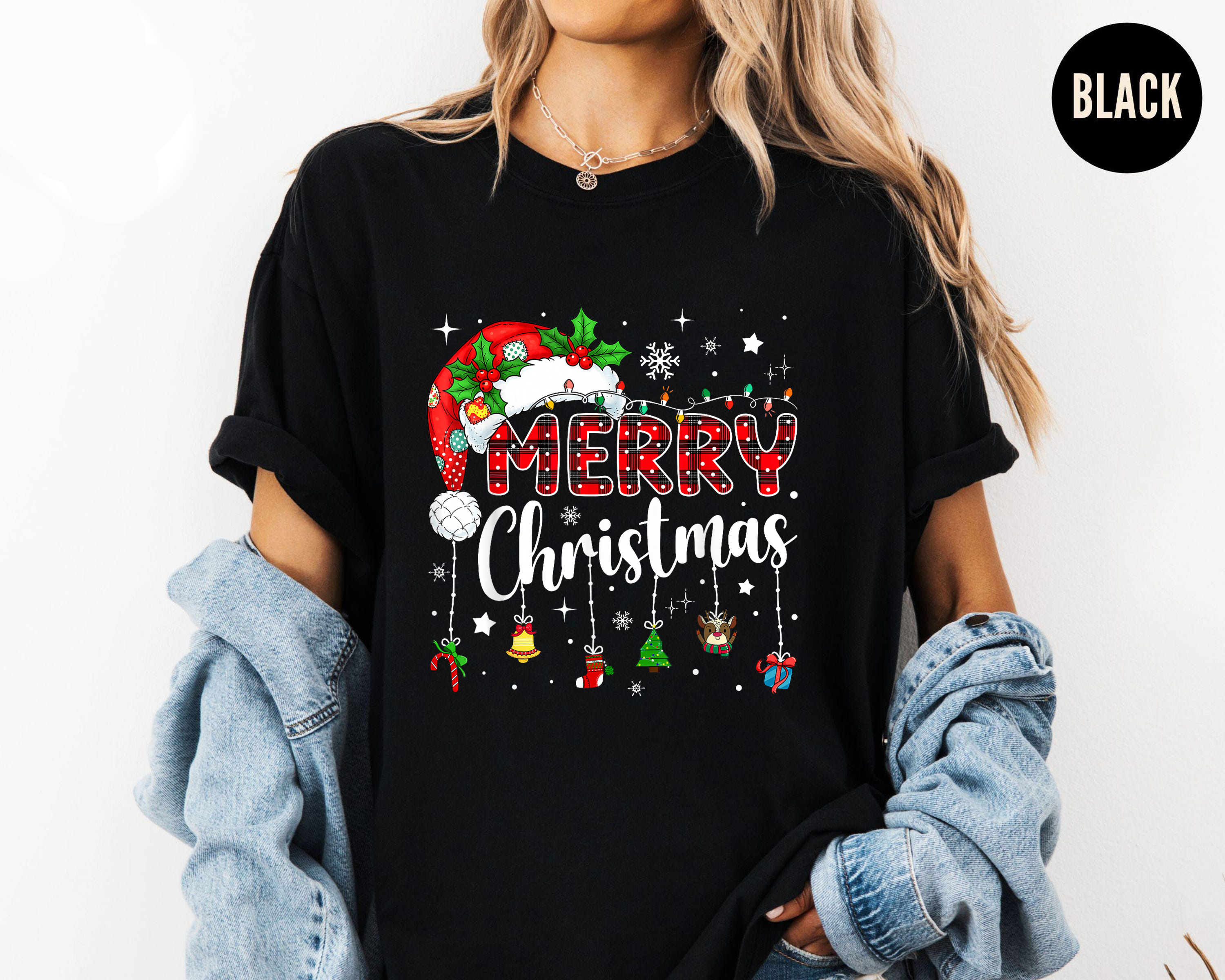 Merry Christmas Shirt, Buffalo Plaid Ornament Tee, Santa Hat Holiday Outfit, Festive Lights Top, Cozy Family Matching Xmas Gift