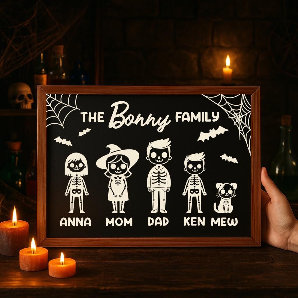 Personalized Skeleton Family Halloween Sign, Custom Name Spooky Wall Art, Funny Halloween Decor for Family, Kids, Cat or Dog Names
