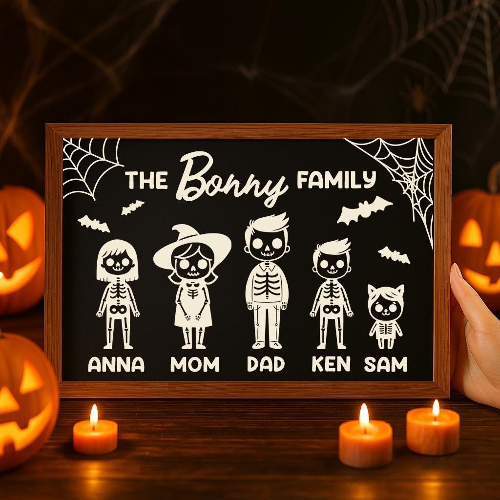 Personalized Skeleton Family Halloween Sign, Custom Name Spooky Wall Art, Funny Halloween Decor for Family, Kids, Cat or Dog Names