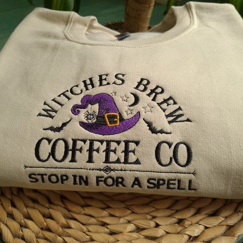 Witches Brew Coffee Embroidered Sweatshirt, Witch Halloween Embroidered Sweatshirt, Halloween Crewneck, Vintage Salem Sweatshirt EBAC47