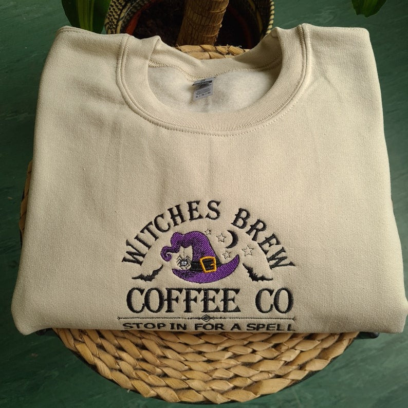 Witches Brew Coffee Embroidered Sweatshirt, Witch Halloween Embroidered Sweatshirt, Halloween Crewneck, Vintage Salem Sweatshirt EBAC47