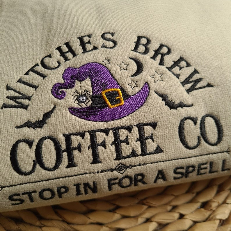 Witches Brew Coffee Embroidered Sweatshirt, Witch Halloween Embroidered Sweatshirt, Halloween Crewneck, Vintage Salem Sweatshirt EBAC47