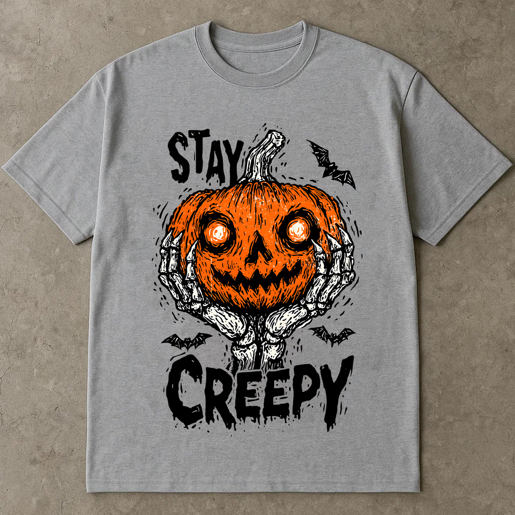 Stay Creepy Halloween T-Shirt, Scary Pumpkin Face Shirt, Skeleton Hands Tee, Creepy Fall Shirt for Halloween