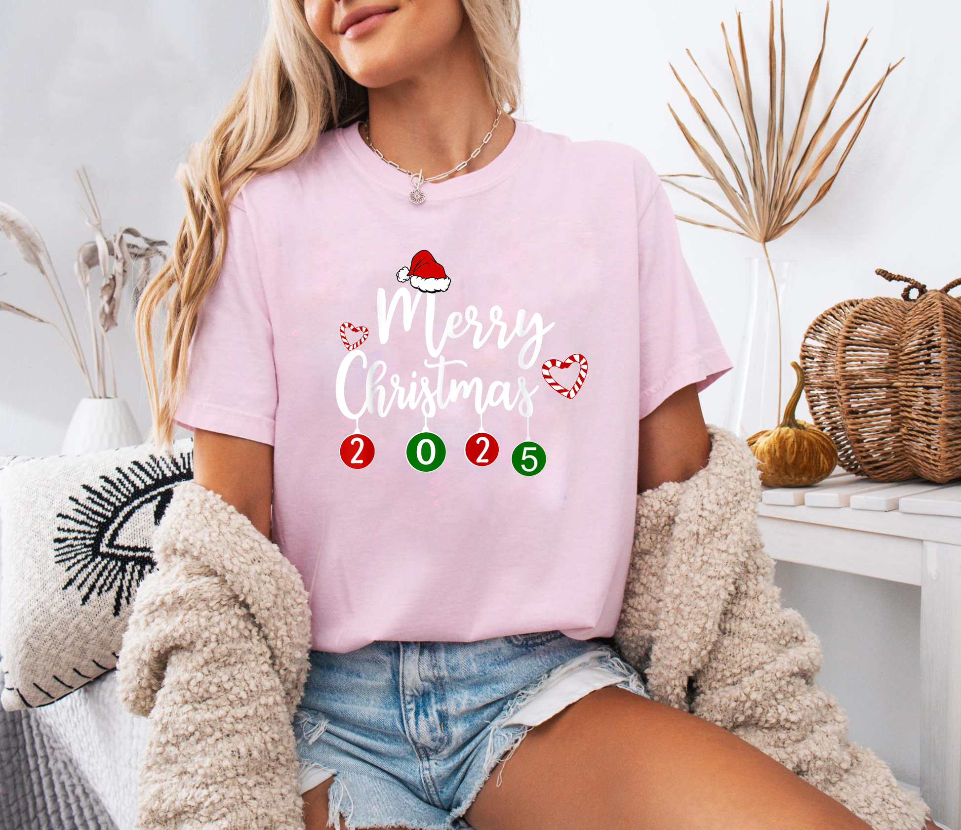 Merry Christmas 2025 Shirt, Santa Hat Holiday Tee, Cute Candy Cane Design Top, Family Matching Christmas Outfit, Festive Gift Shirt