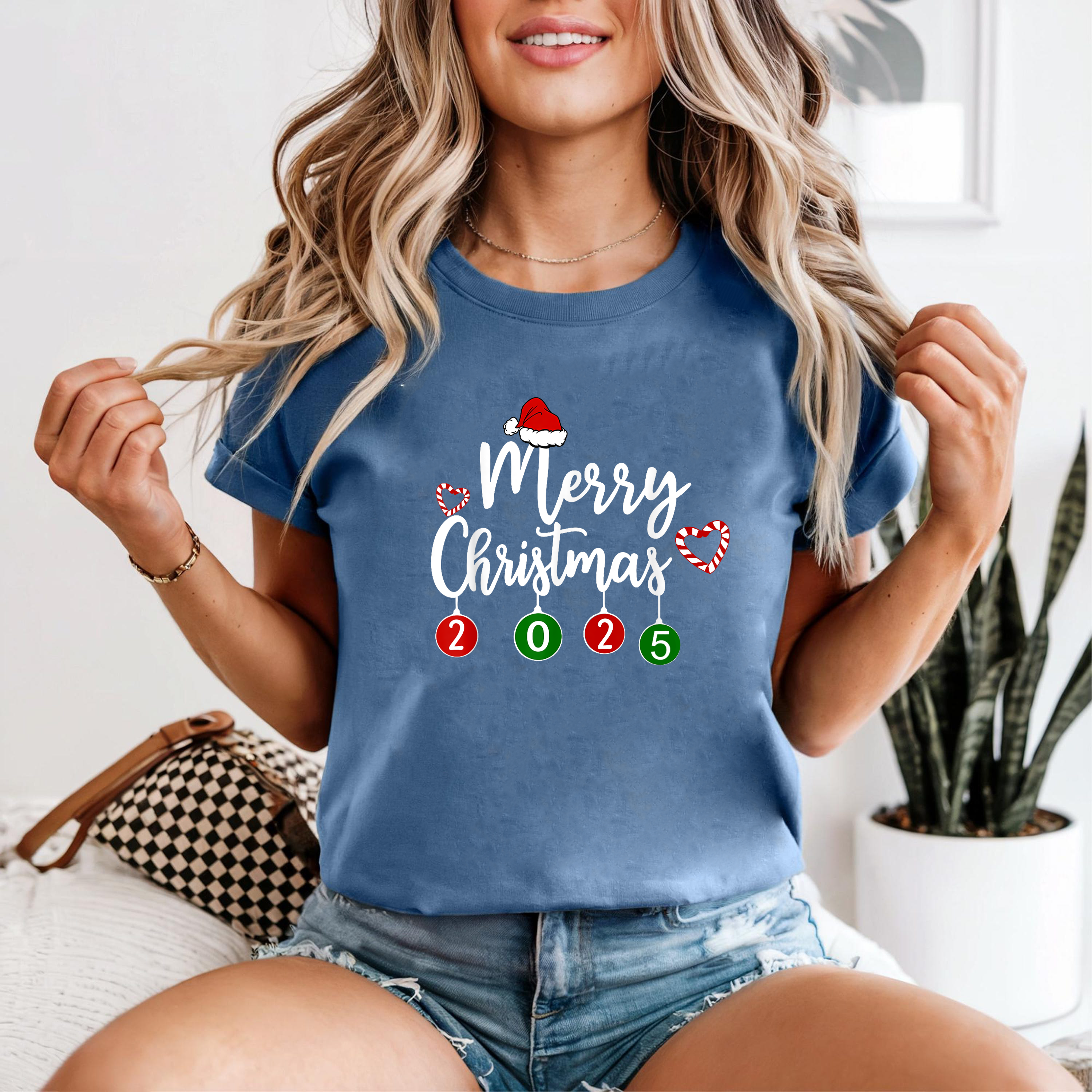 Merry Christmas 2025 Shirt, Santa Hat Holiday Tee, Cute Candy Cane Design Top, Family Matching Christmas Outfit, Festive Gift Shirt