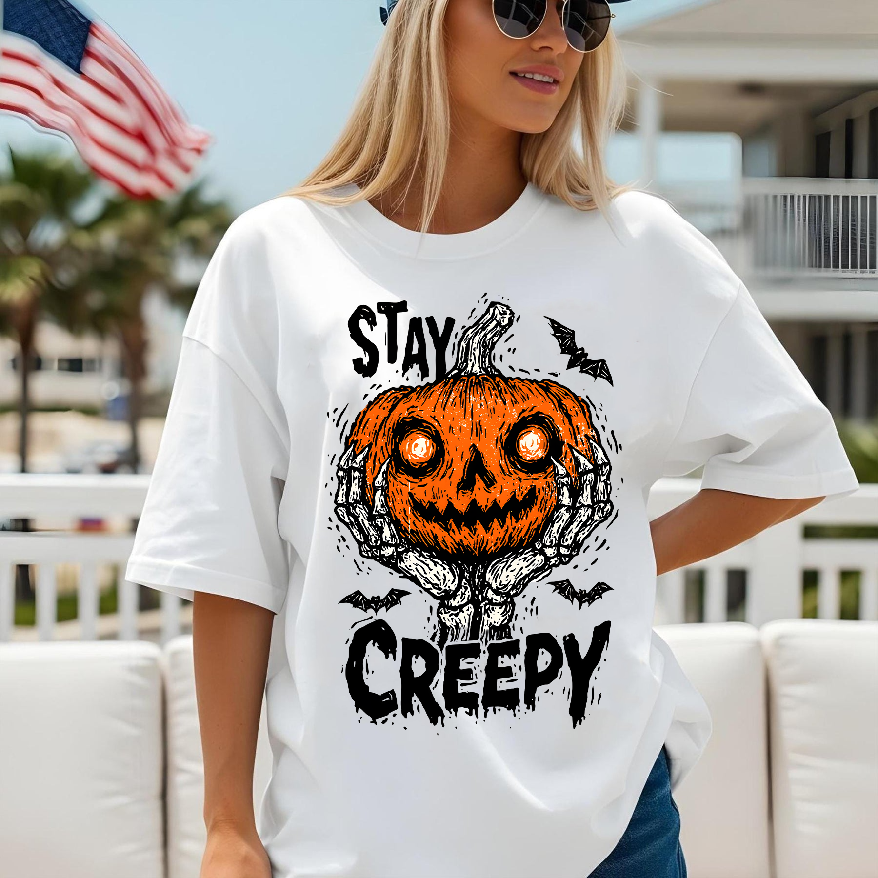Stay Creepy Halloween T-Shirt, Scary Pumpkin Face Shirt, Skeleton Hands Tee, Creepy Fall Shirt for Halloween