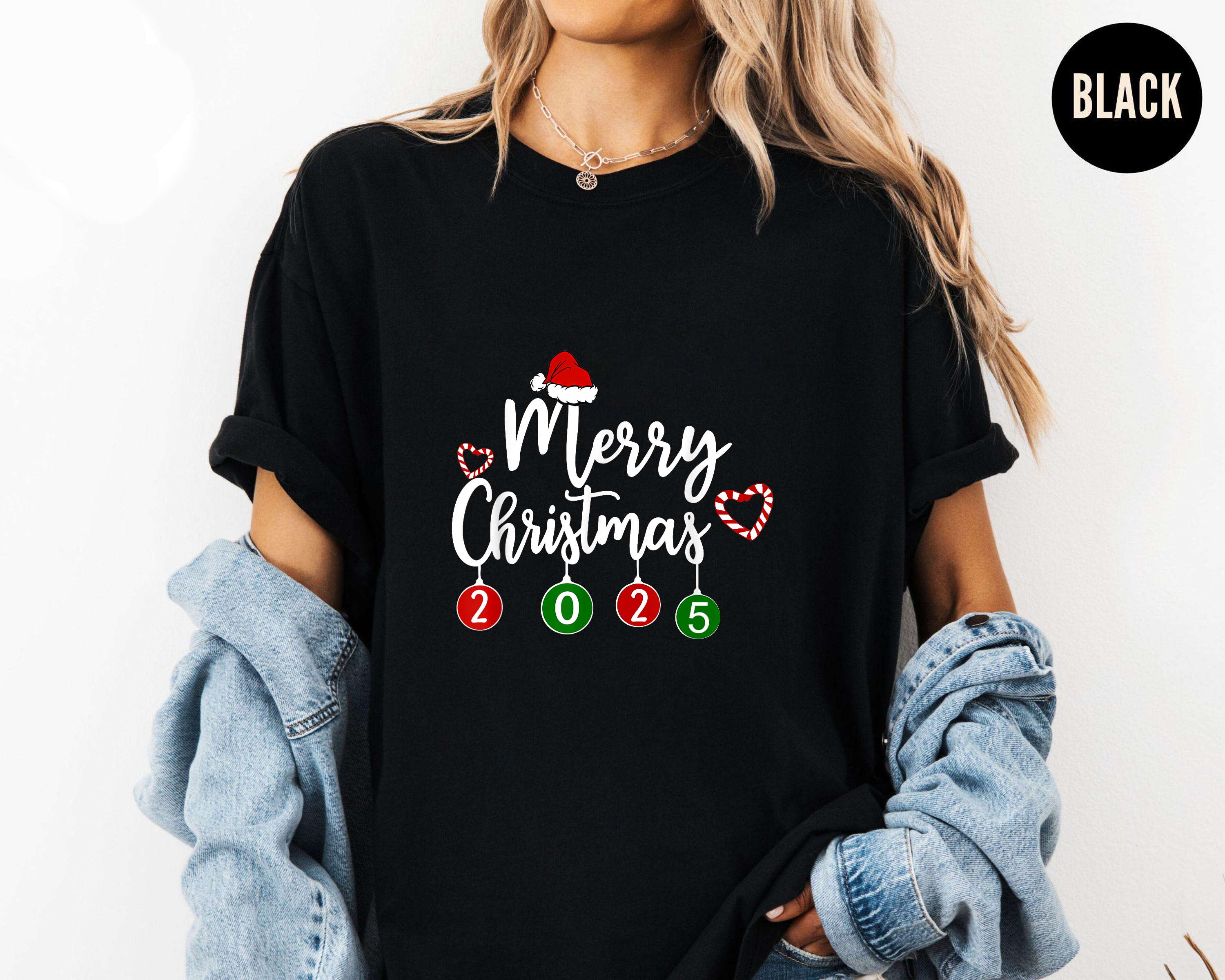 Merry Christmas 2025 Shirt, Santa Hat Holiday Tee, Cute Candy Cane Design Top, Family Matching Christmas Outfit, Festive Gift Shirt