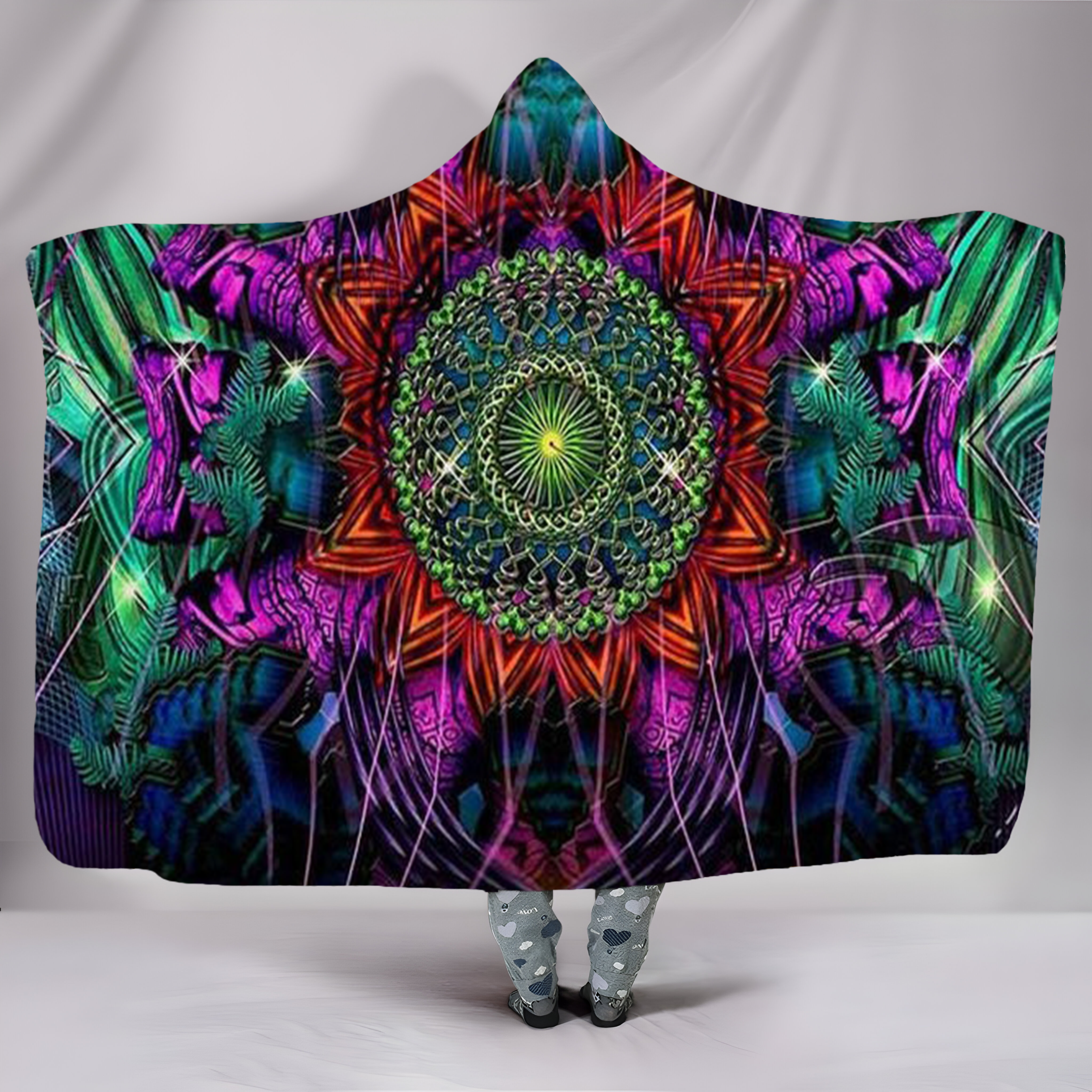 Trippy Mandala Hooded Blanket with Sacred Geometry Design, Colorful Festival Wear, Warm Psychedelic Sherpa Throw, Spiritual Boho Wrap for Meditation and Gifting, BLKAC22