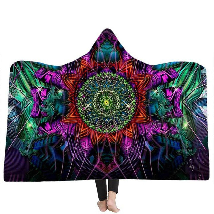 Trippy Mandala Hooded Blanket with Sacred Geometry Design, Colorful Festival Wear, Warm Psychedelic Sherpa Throw, Spiritual Boho Wrap for Meditation and Gifting, BLKAC22