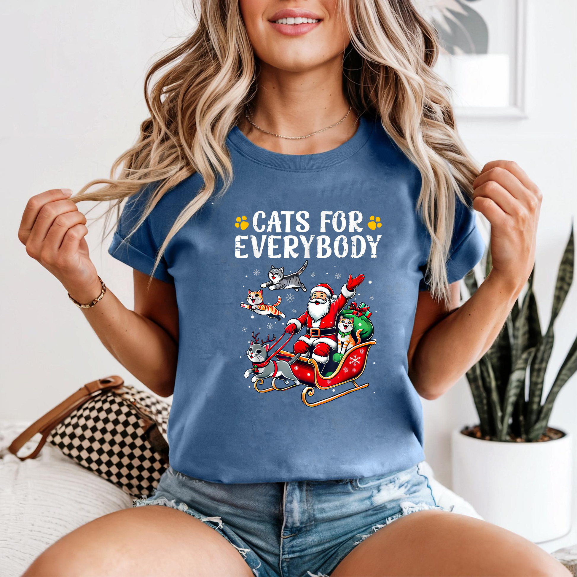 Cats For Everybody Shirt, Funny Cat Christmas Tee, Santa Sleigh Holiday Top, Cute Kitty Gift Shirt, Festive Cat Lover Xmas Outfit
