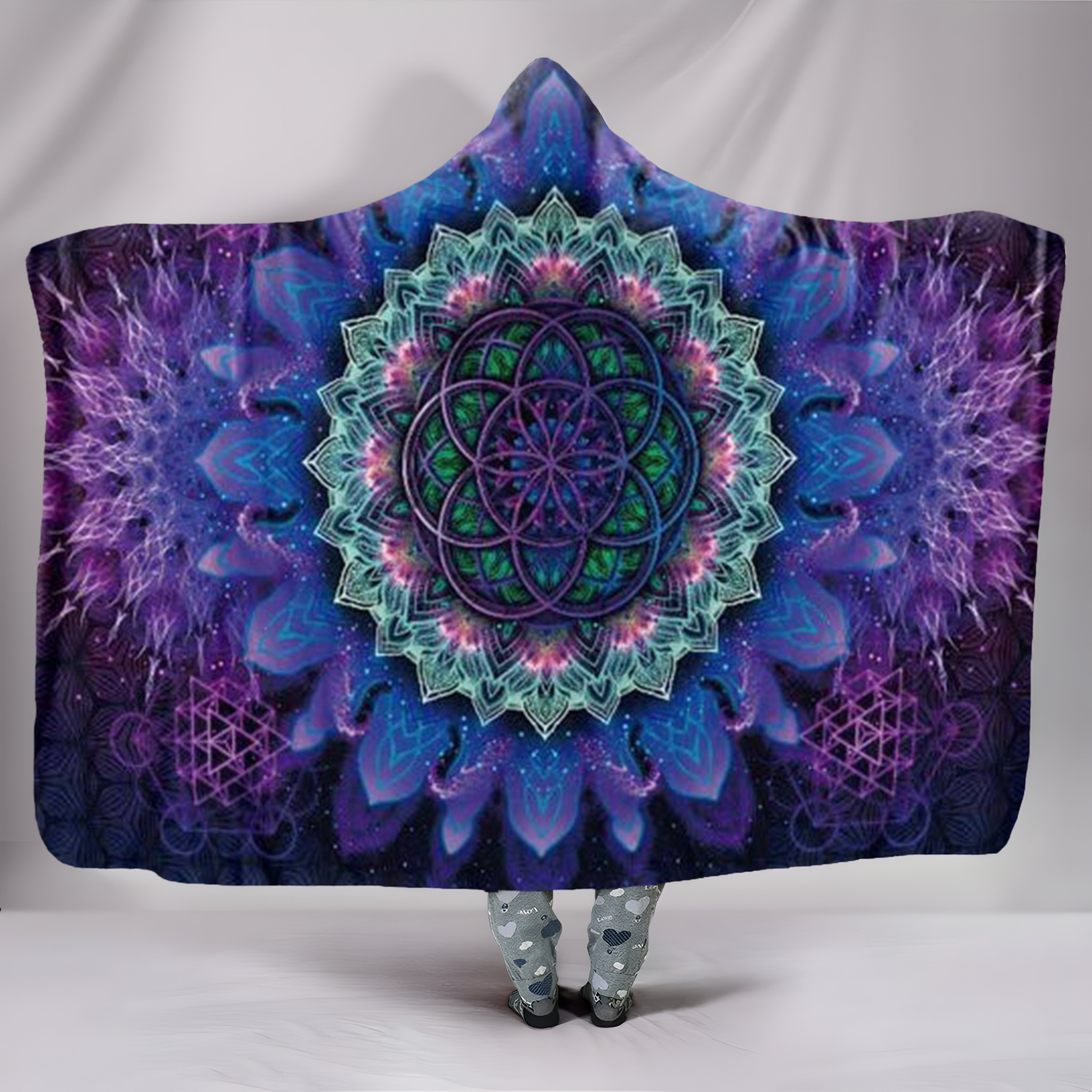 Galaxy Mandala Hooded Blanket with Sacred Geometry Design, Cosmic Purple Sherpa Throw, Spiritual Festival Wrap, Boho Meditation Blanket, Psychedelic Starry Gift Idea. BLK24