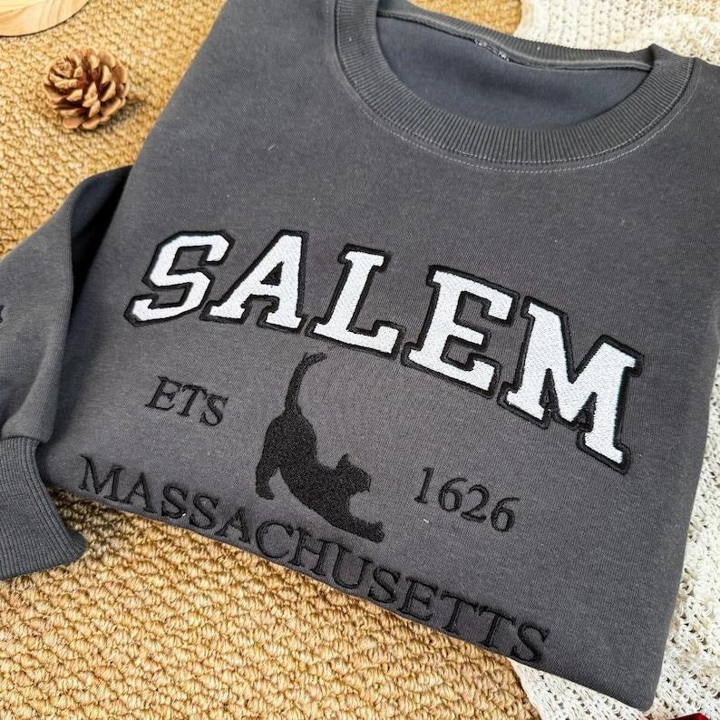 Salem Massachusetts Sweatshirt, Hocus Pocus Halloween, Fall Embroidered Sweatshirt, Spooky Season Crewneck, Embroidered Sleeve bat EBAC32