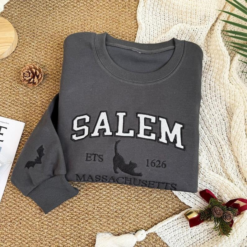 Salem Massachusetts Sweatshirt, Hocus Pocus Halloween, Fall Embroidered Sweatshirt, Spooky Season Crewneck, Embroidered Sleeve bat EBAC32