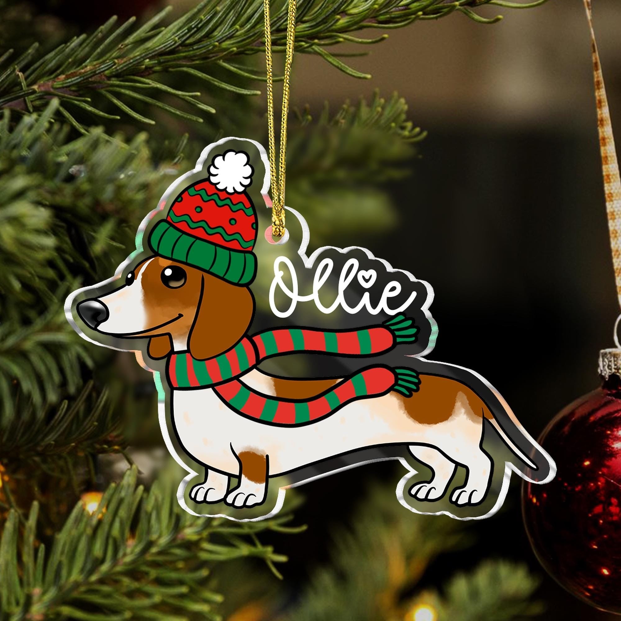Personalized Dachshund Christmas Ornament, Custom Dog Ornament with Name, Holiday Pet Ornament, Dachshund Lovers Gift, Xmas Tree Decor