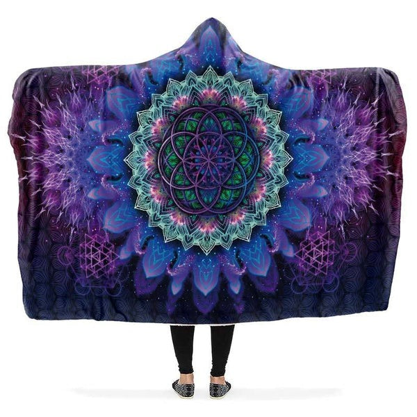 Galaxy Mandala Hooded Blanket with Sacred Geometry Design, Cosmic Purple Sherpa Throw, Spiritual Festival Wrap, Boho Meditation Blanket, Psychedelic Starry Gift Idea. BLK24