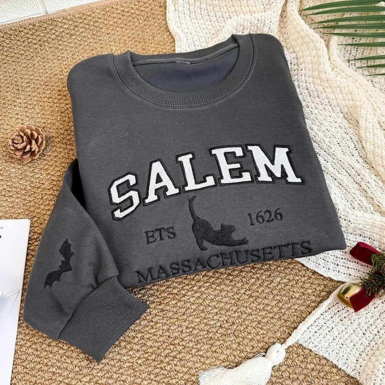 Salem Massachusetts Sweatshirt, Hocus Pocus Halloween, Fall Embroidered Sweatshirt, Spooky Season Crewneck, Embroidered Sleeve bat EBAC32