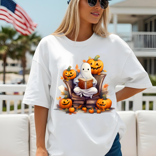 Cute Halloween Ghost, Pumpkin Book Lover Tee, Spooky Fall Shirt, Cozy Halloween Aesthetic Graphic Tee