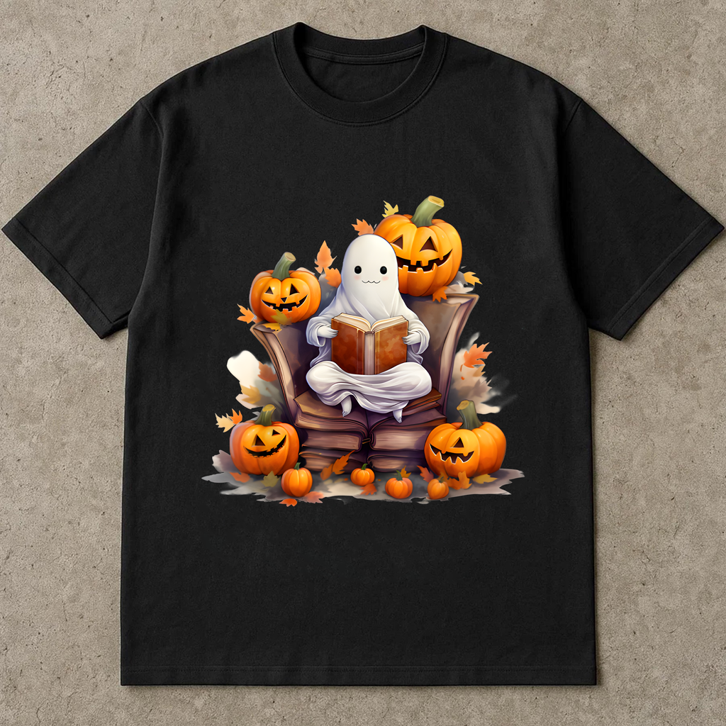 Cute Halloween Ghost, Pumpkin Book Lover Tee, Spooky Fall Shirt, Cozy Halloween Aesthetic Graphic Tee