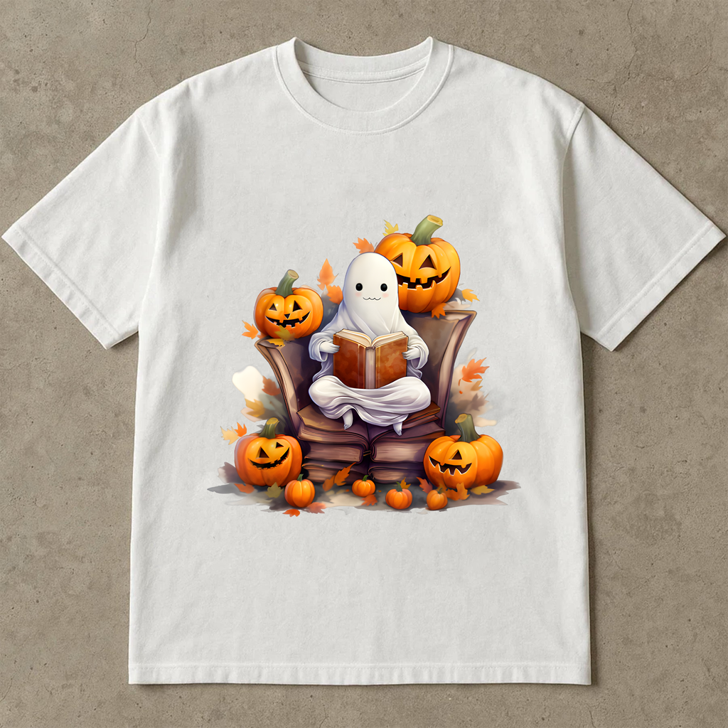 Cute Halloween Ghost, Pumpkin Book Lover Tee, Spooky Fall Shirt, Cozy Halloween Aesthetic Graphic Tee