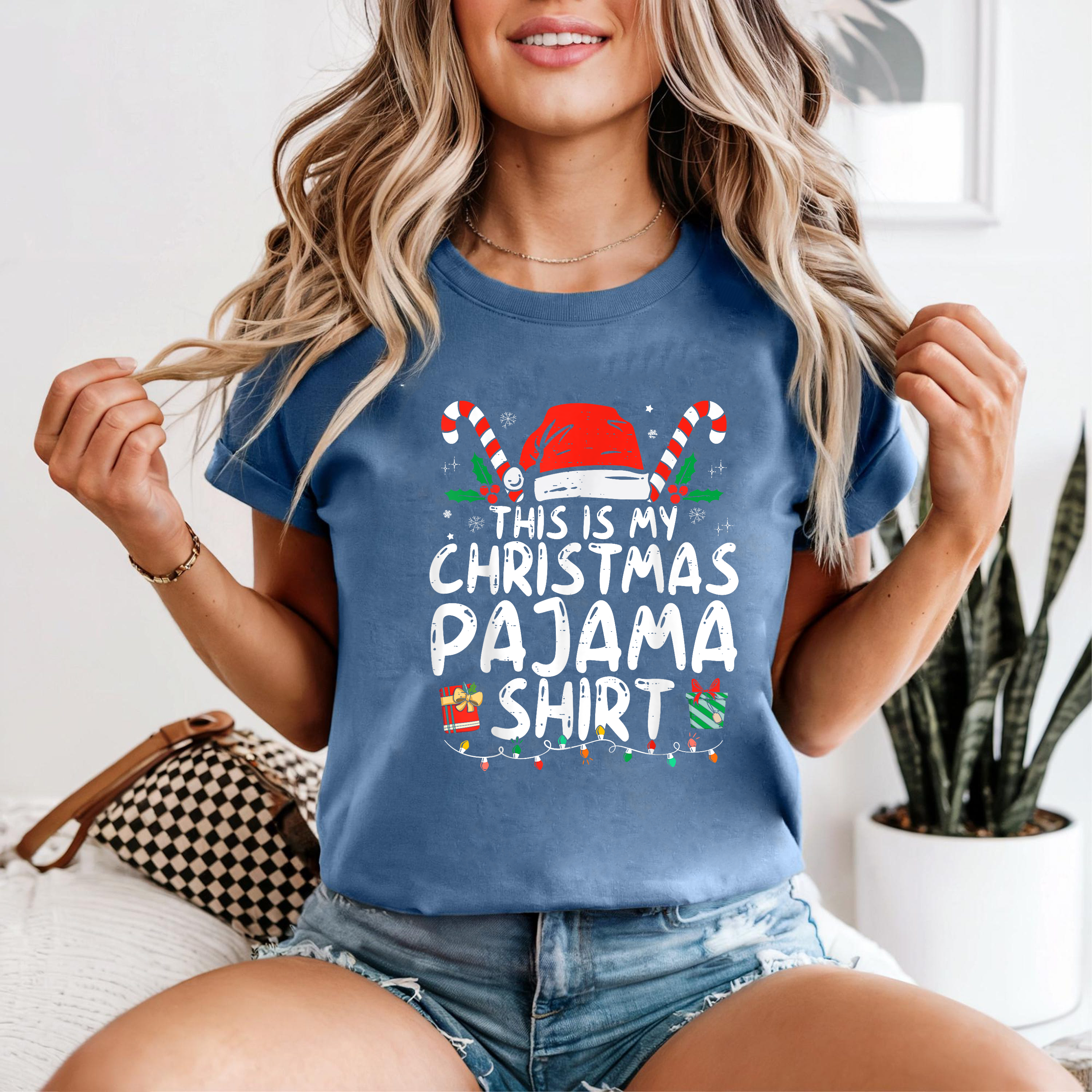 This Is My Christmas Pajama Shirt, Cute Holiday Sleep Tee, Santa Hat Candy Cane Top, Cozy Matching Outfit, Family Christmas Gift