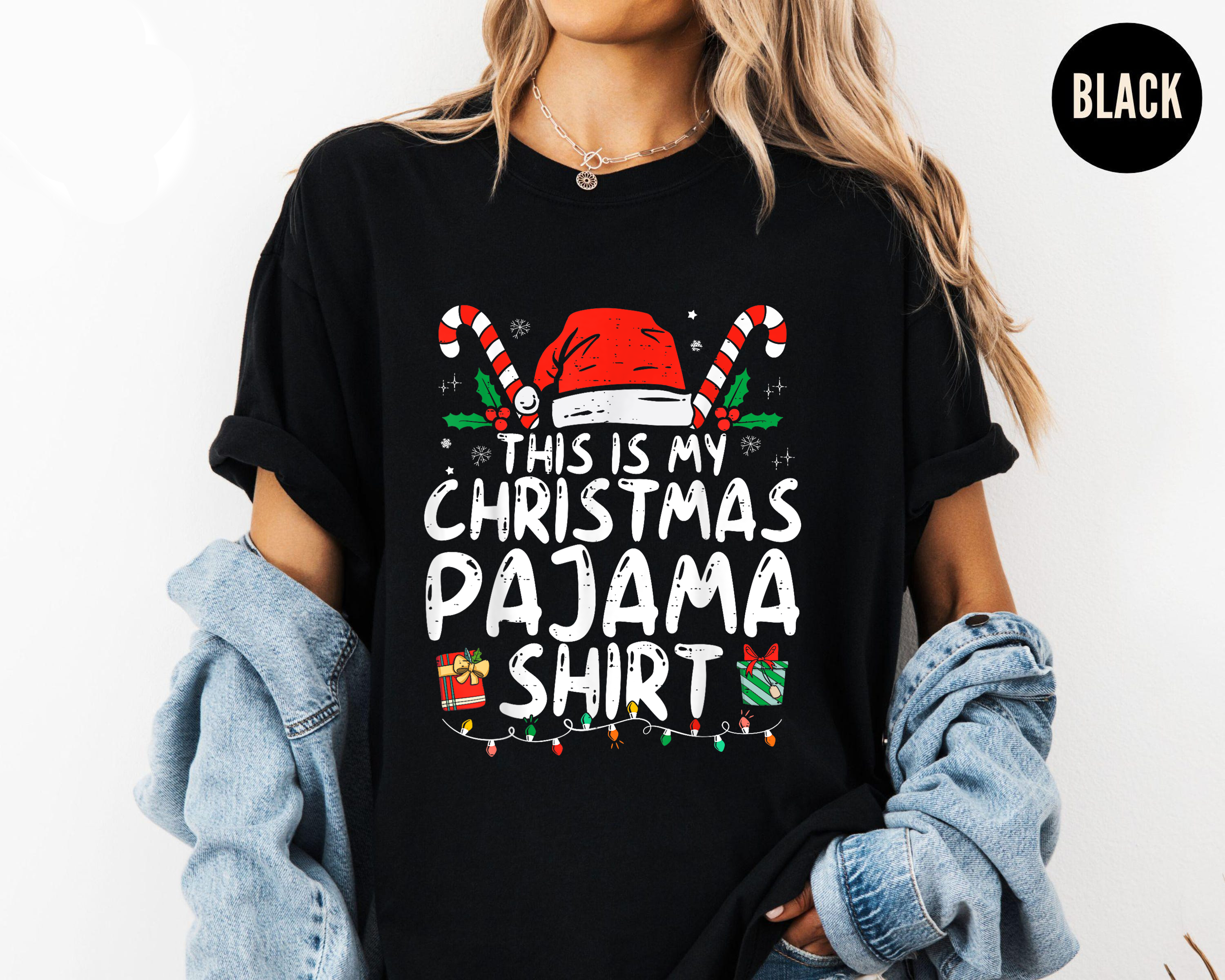 This Is My Christmas Pajama Shirt, Cute Holiday Sleep Tee, Santa Hat Candy Cane Top, Cozy Matching Outfit, Family Christmas Gift