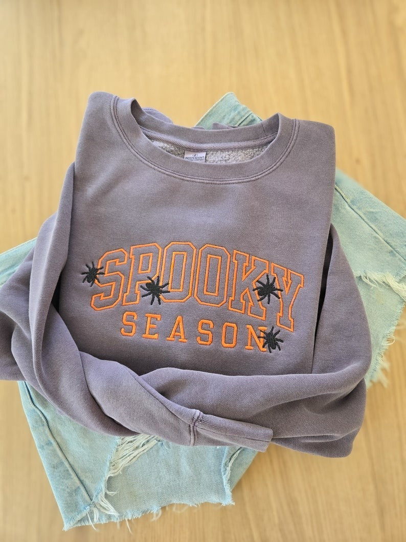 Spooky Season Halloween Embroidered Sweatshirt with Spiders, Cozy Fall Autumn Pullover for Women Men, Halloween Gifts For Her EBAC30