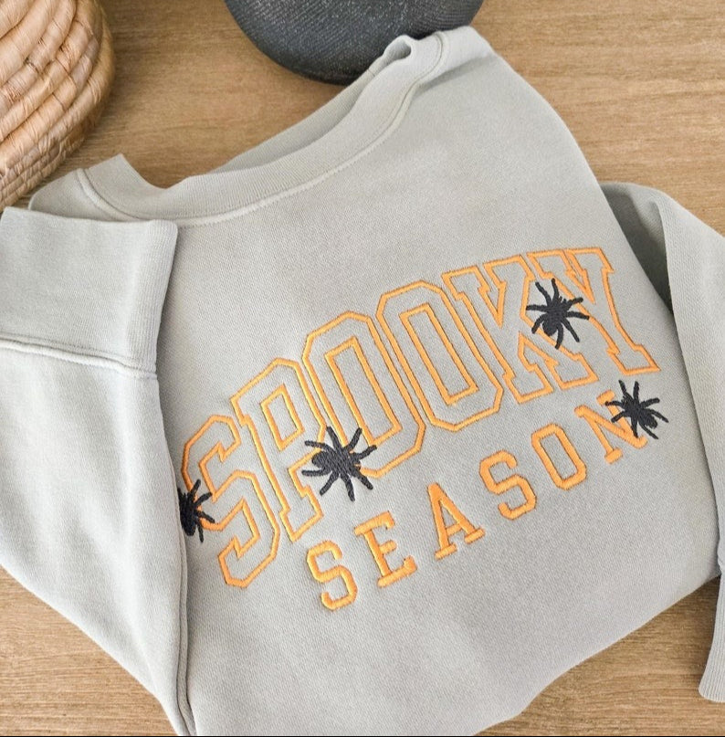 Spooky Season Halloween Embroidered Sweatshirt with Spiders, Cozy Fall Autumn Pullover for Women Men, Halloween Gifts For Her EBAC30