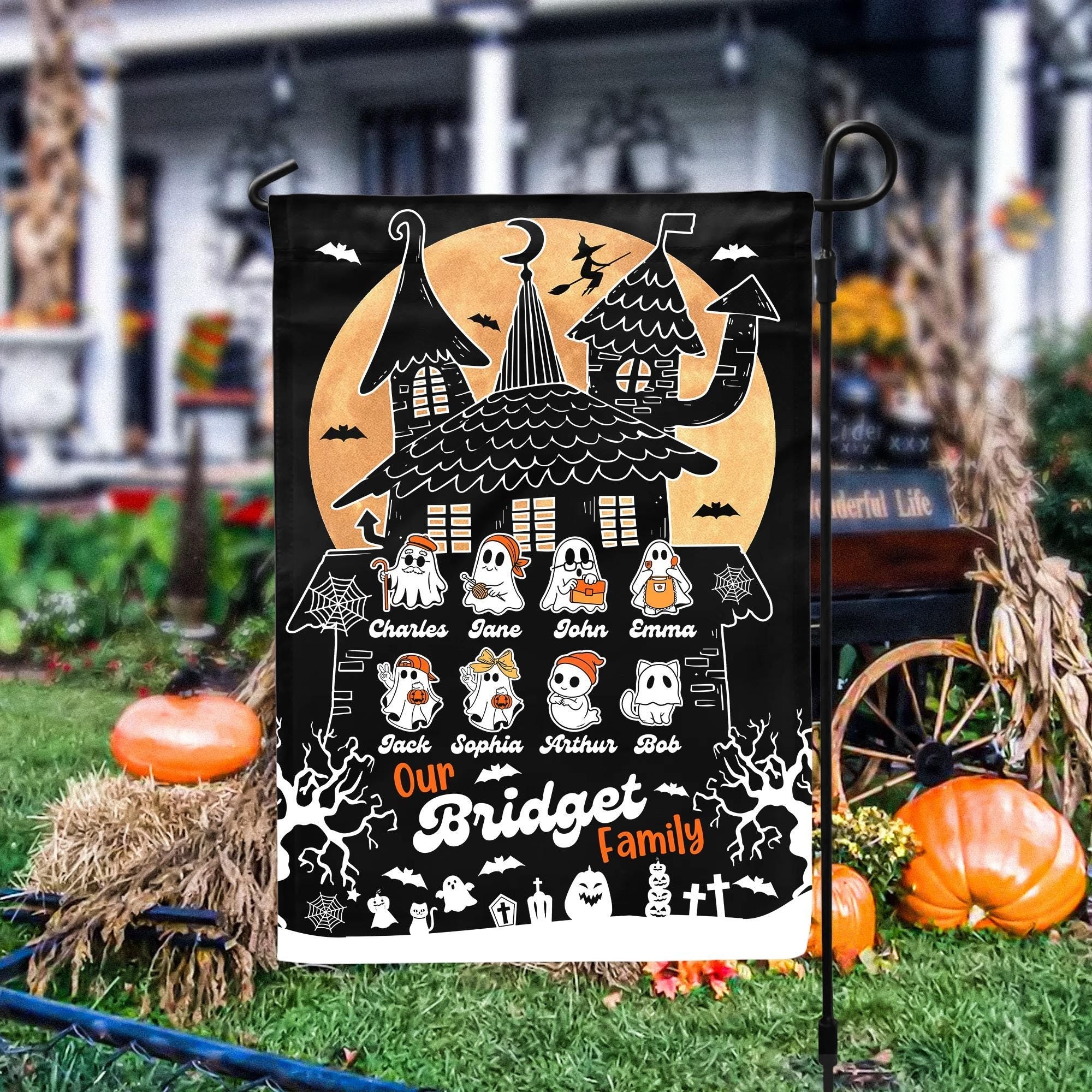 Personalized Halloween Family Garden Flag, Custom Ghost with Kids names Yard Flag For Outdoor Decor, Custom Gifts For Halloween