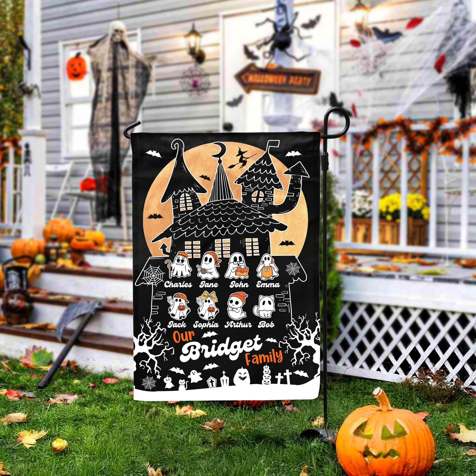 Personalized Halloween Family Garden Flag, Custom Ghost with Kids names Yard Flag For Outdoor Decor, Custom Gifts For Halloween